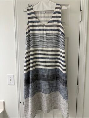 J Jill Sleeveless Blue, Black and White Striped Linen Dress